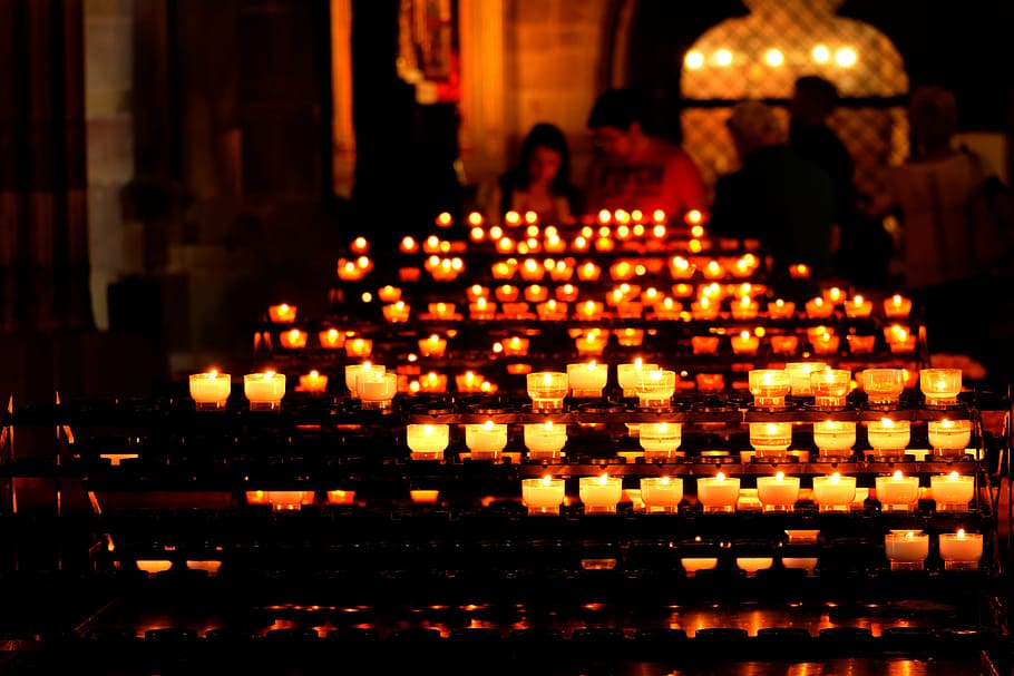 selective focus photography of lighted candles inside church, HD wallpaper