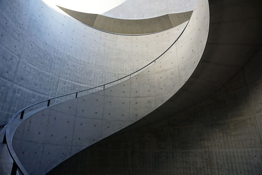 staircase, spiral concrete, architecture, built structure, low angle view HD wallpaper