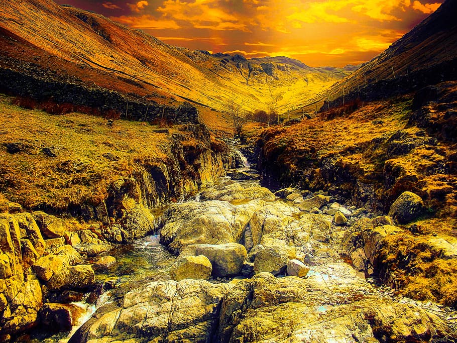 Water Stream With Brown Rocks Painting, clouds, creek, environment HD wallpaper