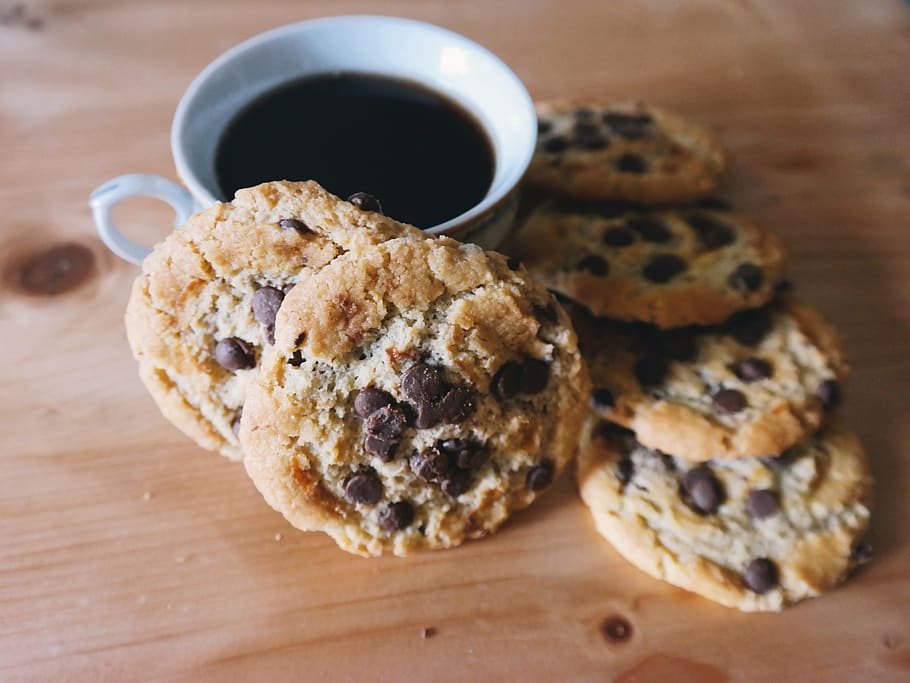 food, caffeine, coffee, cup, chocolate chip, cookies, cup of coffee HD wallpaper
