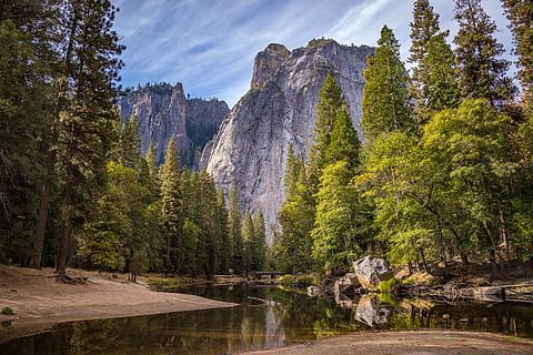 calm body of water surrounded by trees near cliff, green trees near river and mountain during daytime HD wallpaper