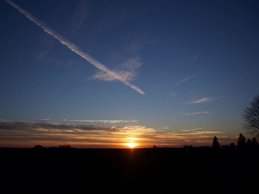 sunset, contrail, orange, sky, cloud - sky, vapor trail, silhouette HD wallpaper