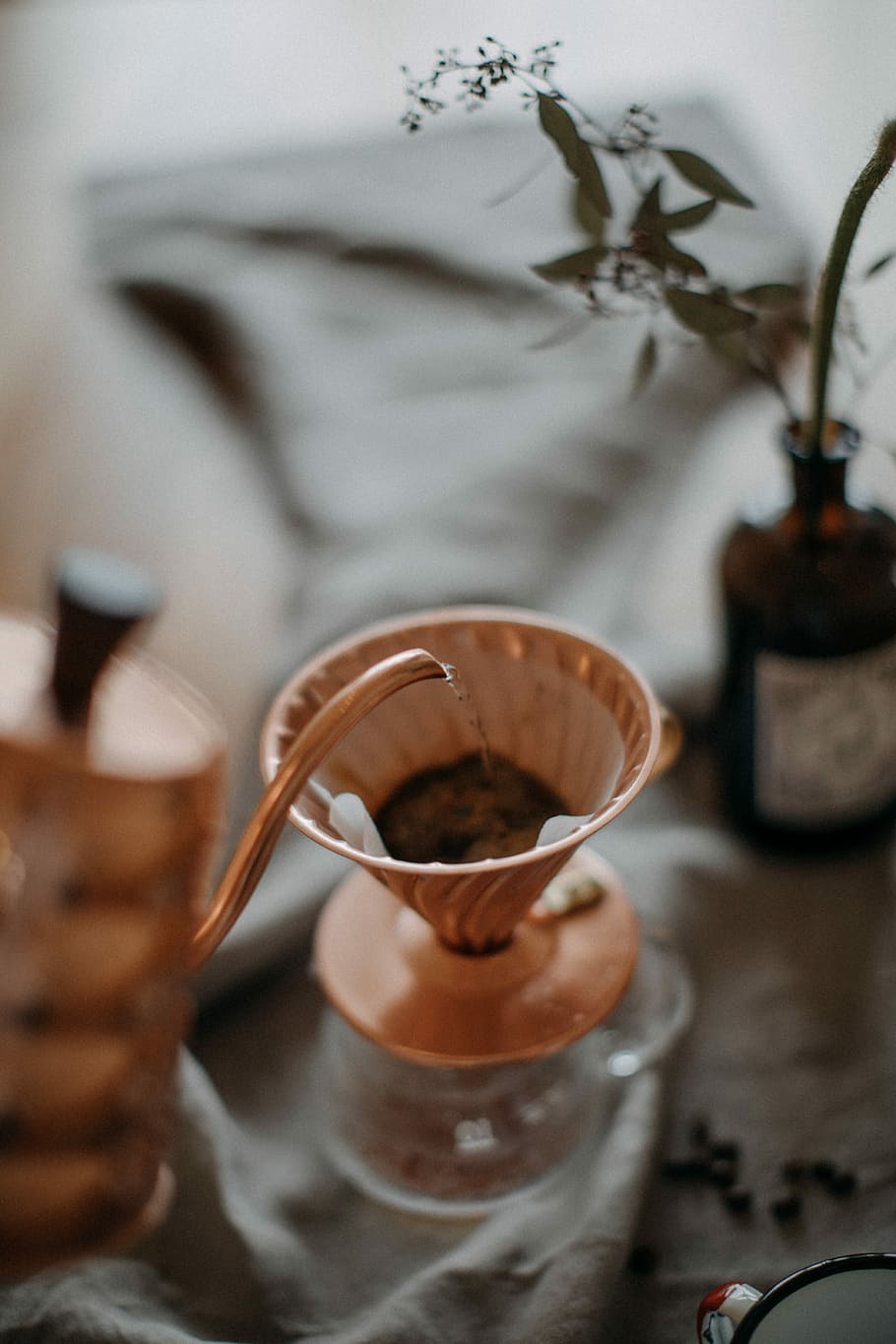 selective focus photography of teacup, closeup photo of teapot pouring water on tea funnel HD wallpaper