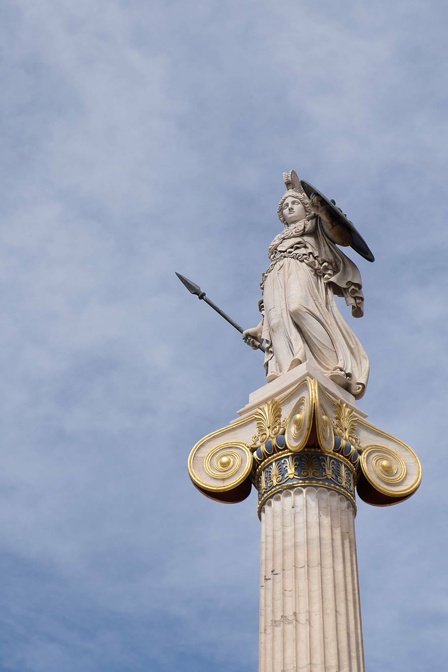 woman holding spear and shield statue, ancient history, athena, HD wallpaper