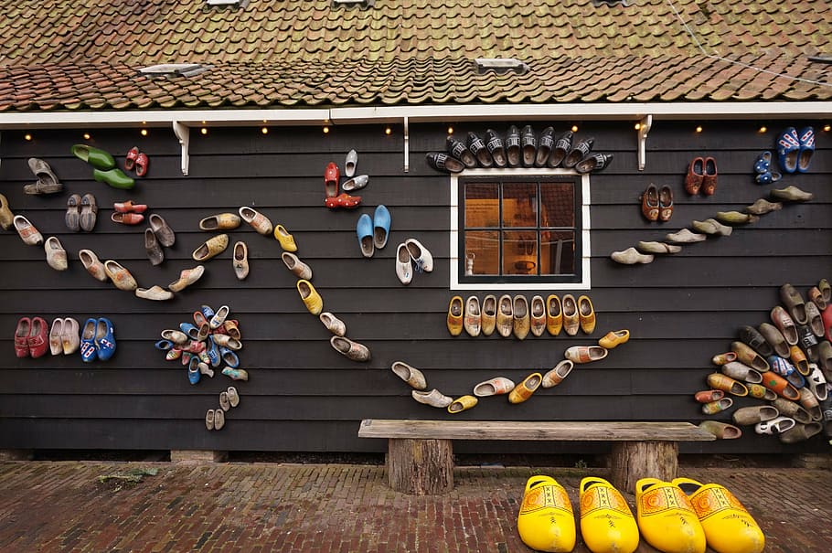 clog shoes on wall, amsterdam, travel, netherlands, tourist, day, HD wallpaper
