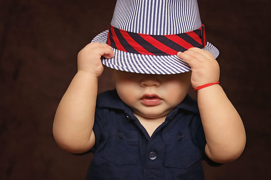 baby wearing blue top and white-and-blue fedura, boy, hat, covered, HD wallpaper