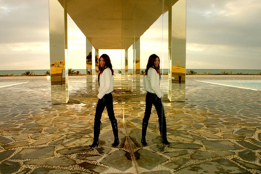 Mirror, Girl, Reflection, Sky, young adult, people, built structure HD wallpaper