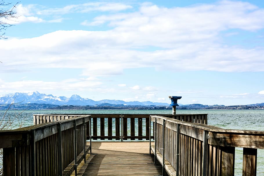 viewpoint, telescope, web, landscape, chiemsee, lake, water HD wallpaper