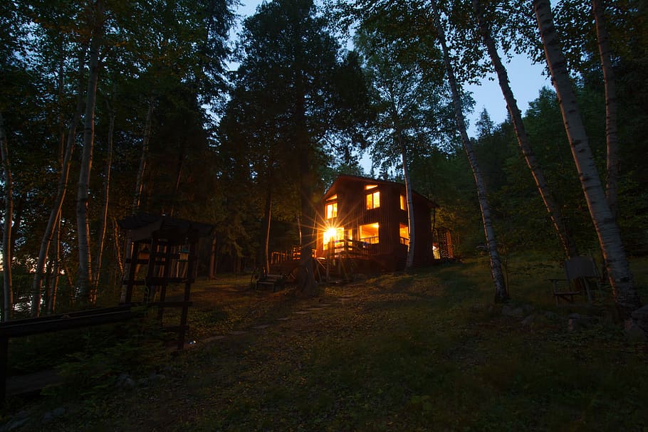Bright house by a lake, photo of house surrounded by trees, twilight HD wallpaper