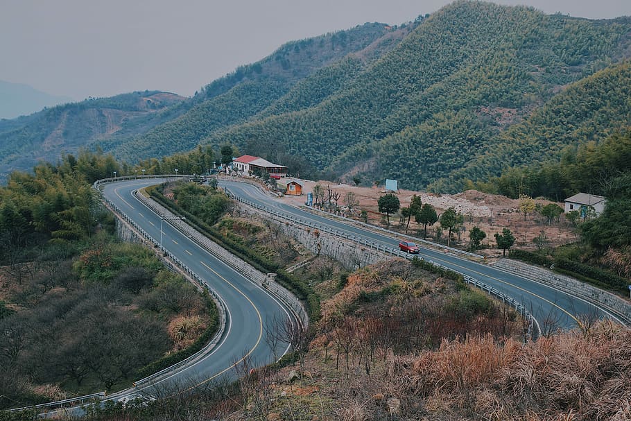 gray concrete road on mountain, birds eye view of hairpin road HD wallpaper