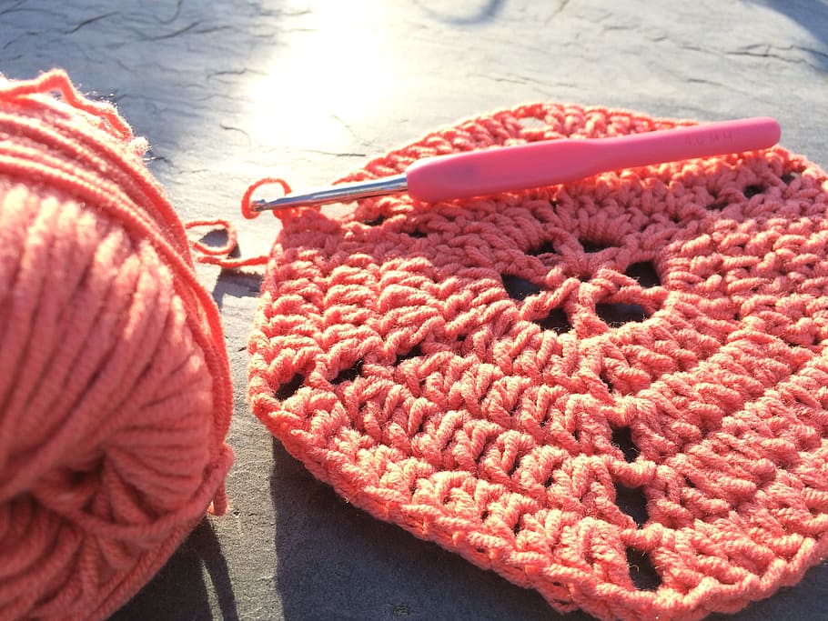 red knit mat, Crochet, Wool, Hobby, Thread, crochet needles, ball of wool, HD wallpaper