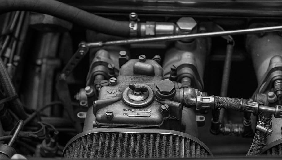 grayscale photography of vehicle engine, auto, motor, carburetor HD wallpaper