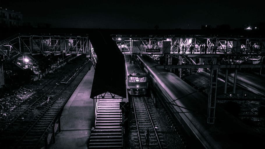 Training, grayscale photo of train on railways, train station HD wallpaper