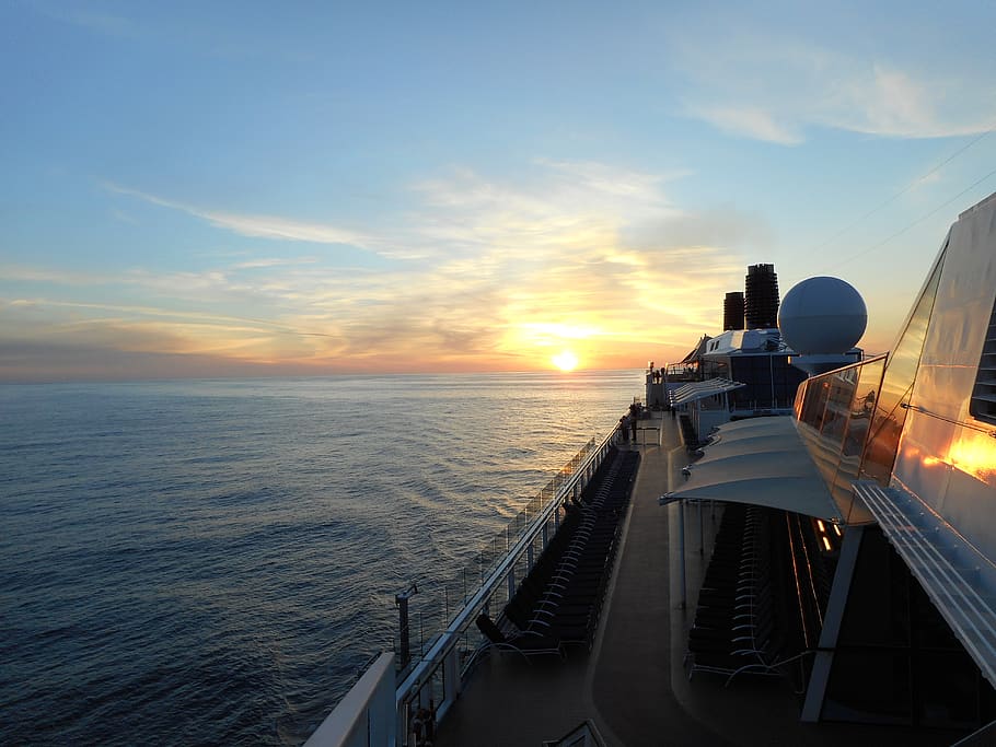 cruise, ship, sunset, sky, water, sea, horizon over water, transportation HD wallpaper