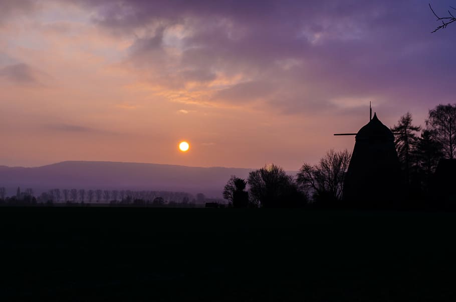 sunset, mill, windmill, evening sun, mood, landscape, clouds HD wallpaper