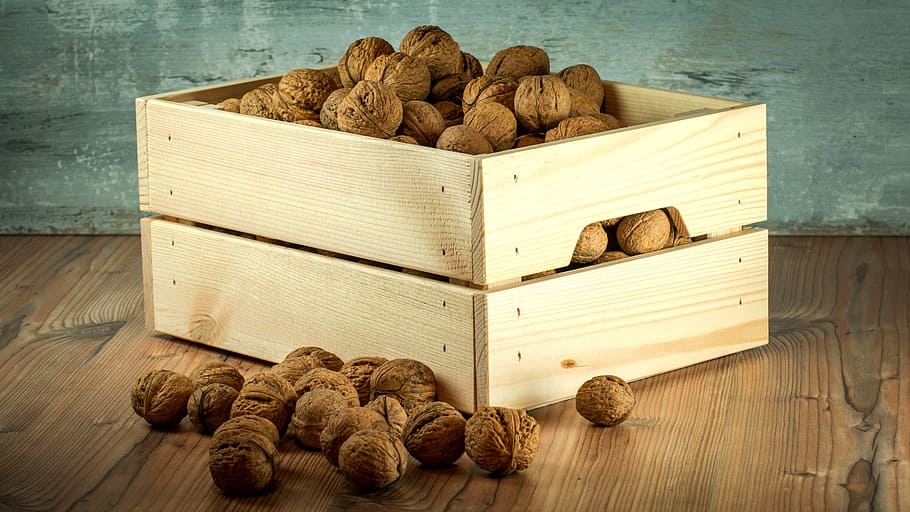 brown wooden crate with nuts, crop, collection, background HD wallpaper