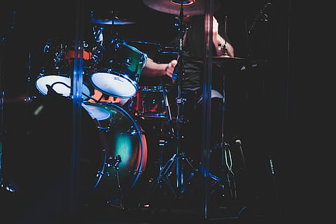 man playing drums, green drum set, band, drum kit, drummer, cymbal HD wallpaper