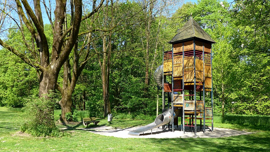 brown and gray wooden house near the tree, playground, plant HD wallpaper