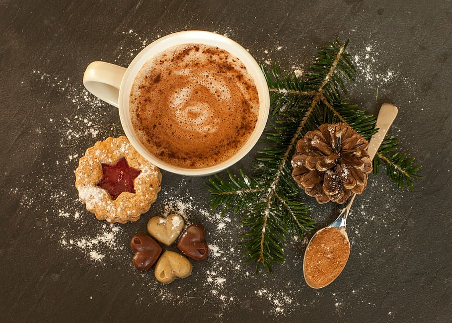 cappuccino with cookies and pine tree, hot chocolate, cocoa, advent