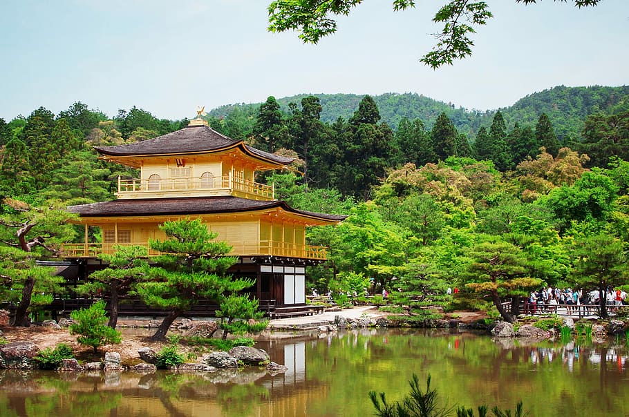 beige house near beside body of water, brown and white pagoda HD wallpaper