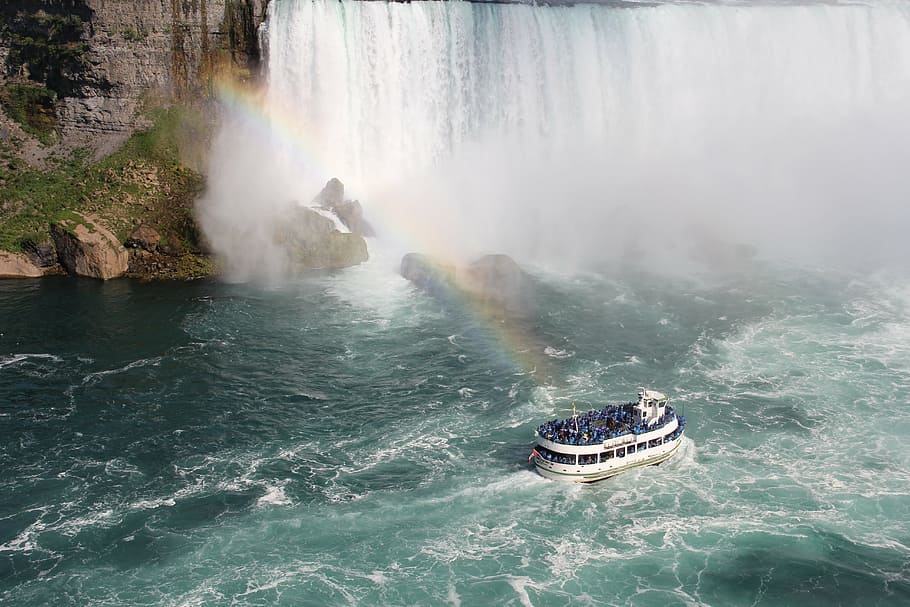 body of water with white boat during daytime, canada, waterfall HD wallpaper