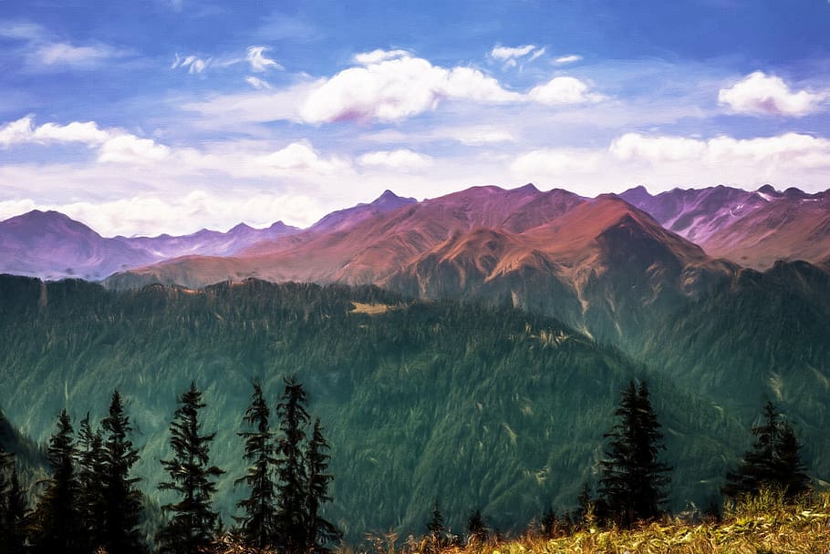 green forest near mountains, image, paint, painting, painted HD wallpaper