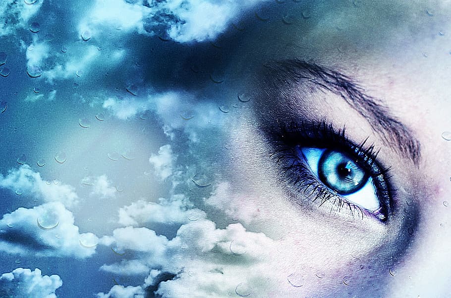 poster of woman's eye and clouds, creation, look, eyes, blue HD wallpaper