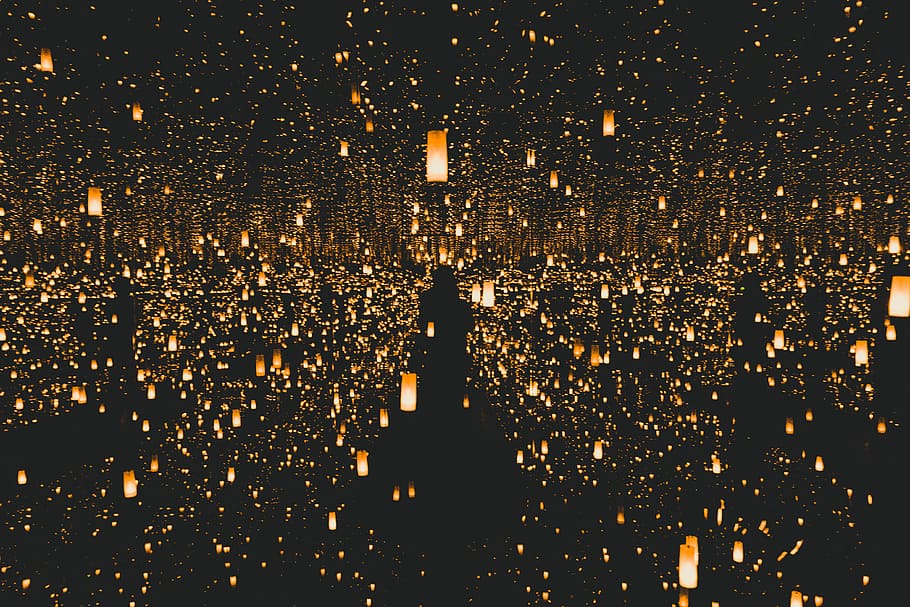 lighted lantern lot, photo of lanterns, night, lights, dark, sky, HD wallpaper