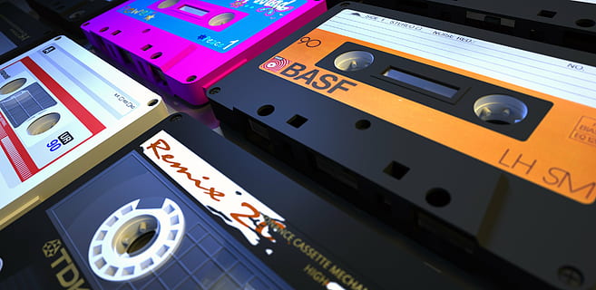 photo of four assorted-color cassette tapes, k7, k7's, audio HD wallpaper