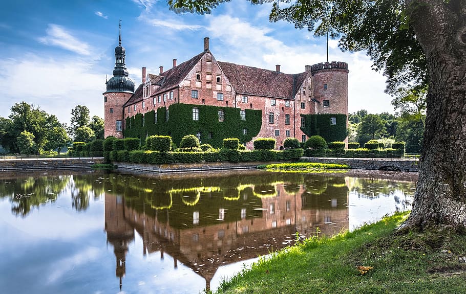 mansion in between bodies of water, sweden, moated castle, southern sweden, HD wallpaper