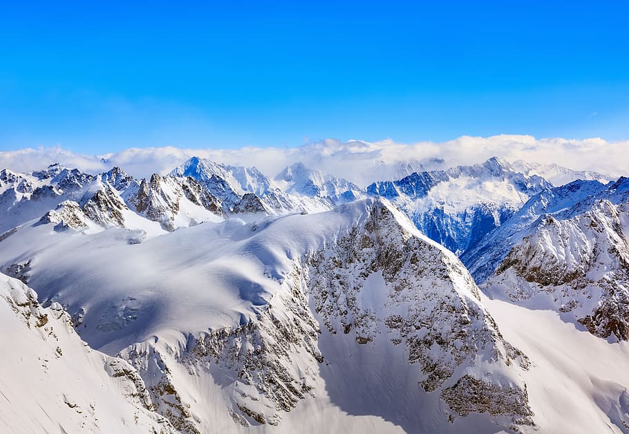 Areal Photography Of Snow Coated Mountains Under Clear Blue Sky, HD wallpaper