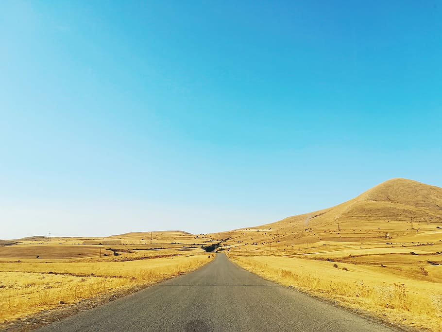 gray asphalt road between dried field during daytime, landscape photography of desert road HD wallpaper