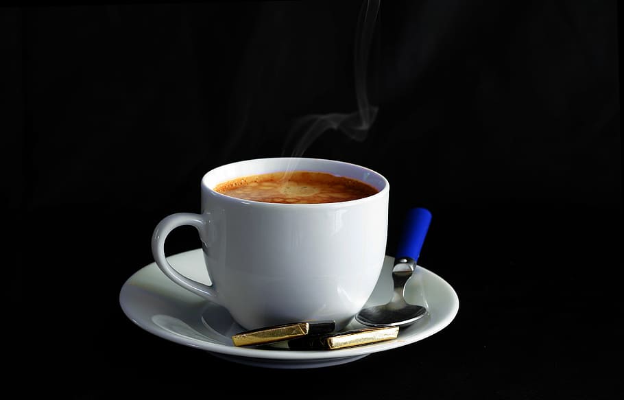 white ceramic mug on top of saucer, coffee, shell, spoon, plate HD wallpaper