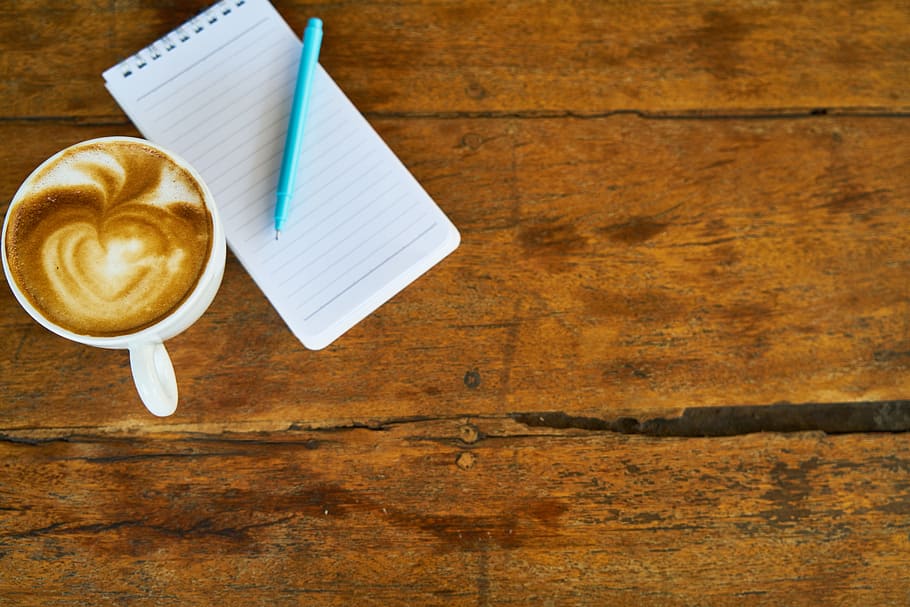 cup of espresso beside ruled paper and ballpoint pen, Coffee, HD wallpaper