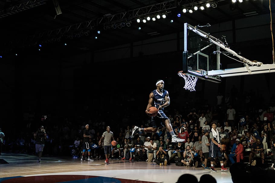 basketball player dunking on basketball hoop, game, float, sport HD wallpaper