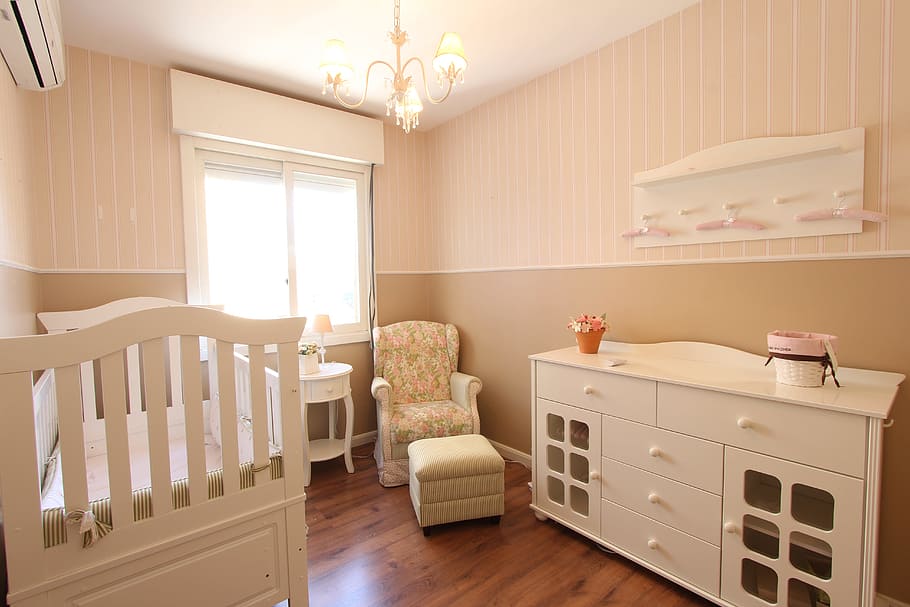white bedroom furniture set, baby, cradle, dorm, domestic room, HD wallpaper