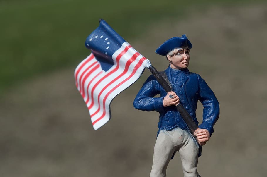 man in blue suit with flag figurine, Union Army, Army, United