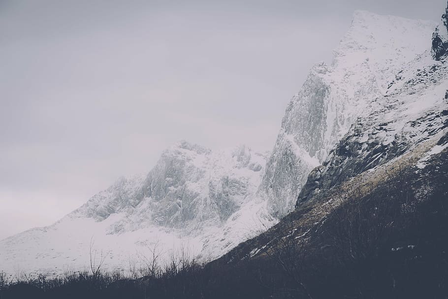 mountains, peaks, cliffs, rocks, snow, hills, nature, winter HD wallpaper