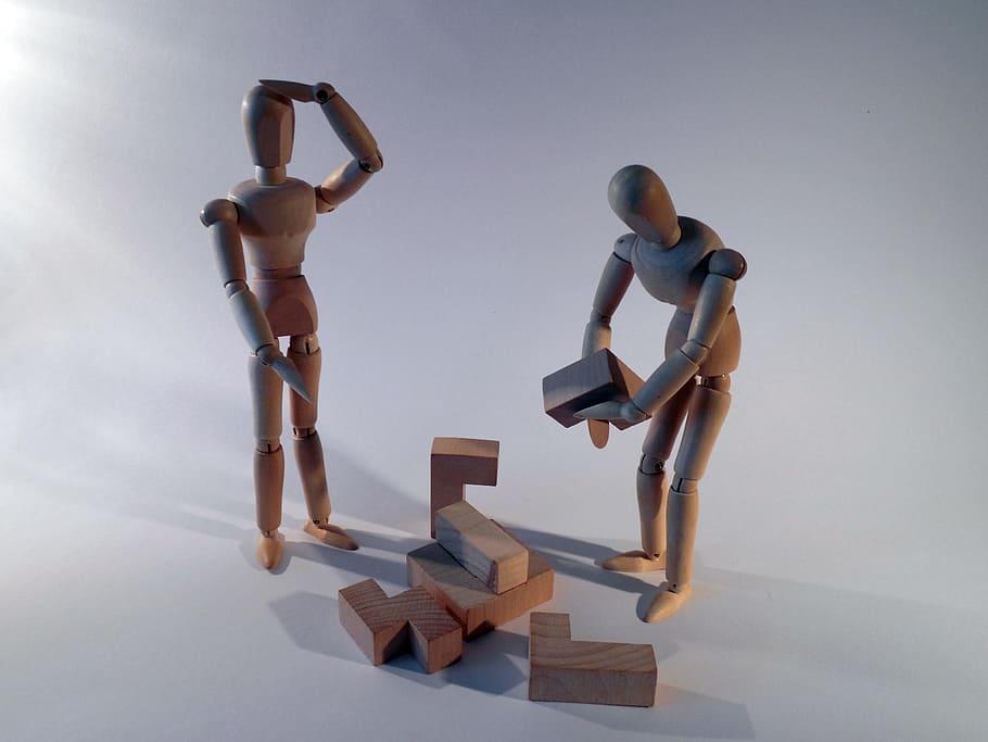 two wooden character toys, problem, question, solution, response HD wallpaper