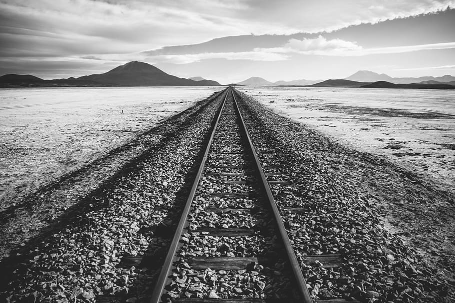 grayscale photography of train railway, grayscale photo of railroad