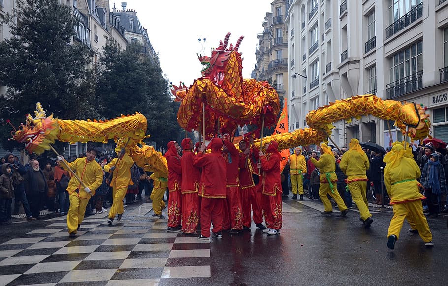 dragon dancer perform, paris, france, chinese new year, people