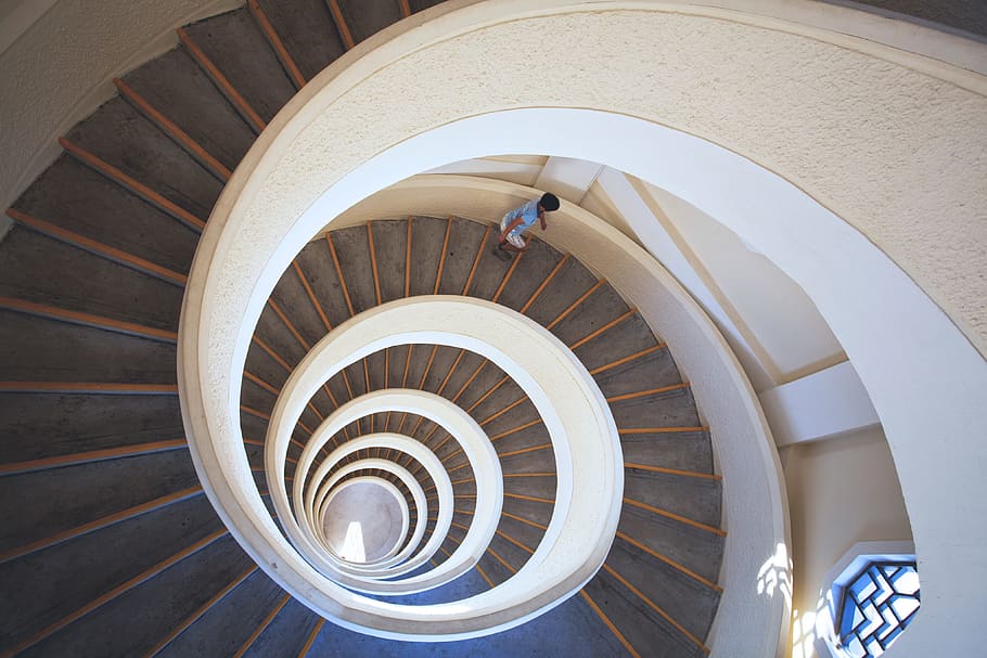 Spiral staircase in building interior, architecture, steps, indoors HD wallpaper