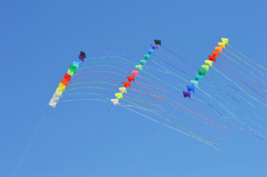kite, wind, color, blue, multi colored, sky, clear sky, nature HD wallpaper