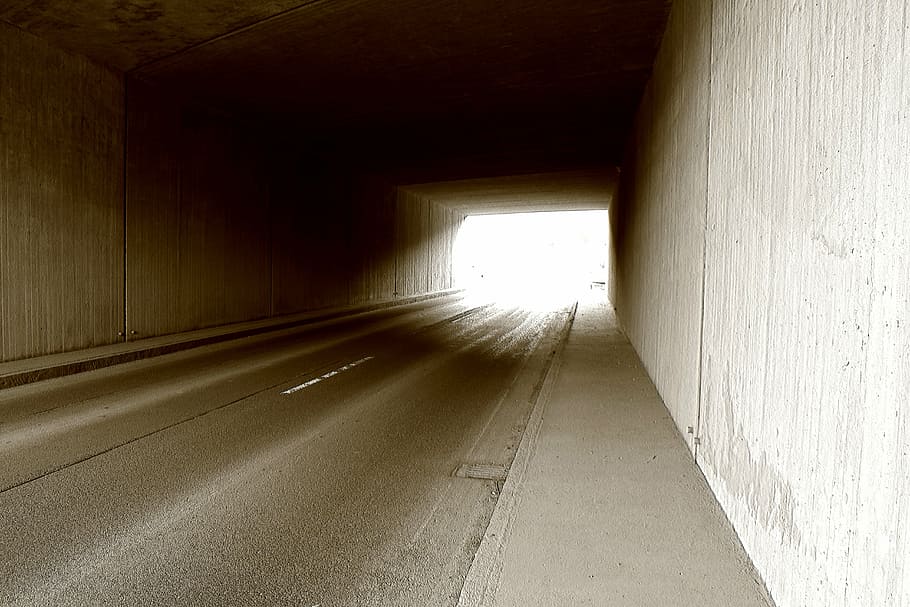 tunnel, road, bridge, light, away, asphalt, monochrome, street HD wallpaper