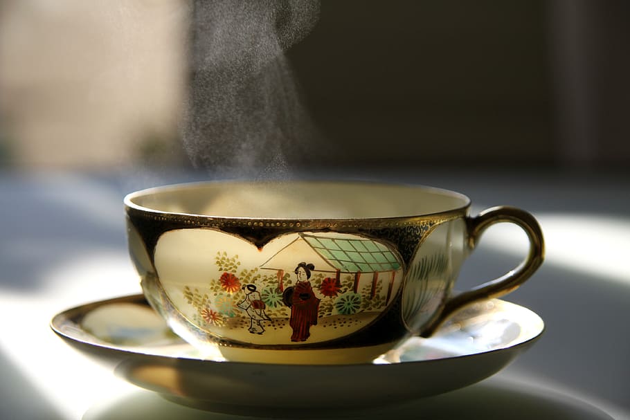 gold-black-and-white ceramic teacup and saucer, warm, hot, drink HD wallpaper