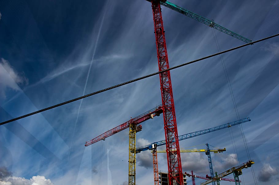 low angle photography of crane tower, several building cranes HD wallpaper