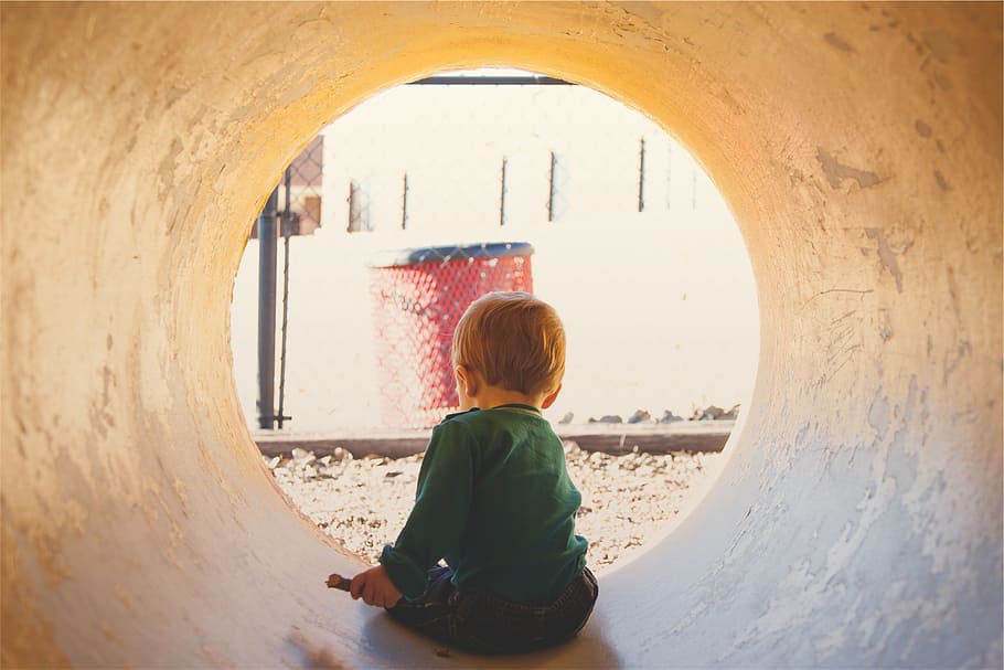 boy inside a concrete tunnel, child, kid, playing, fun, childhood, HD wallpaper