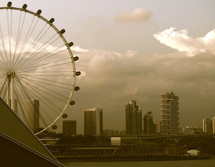 sepia photo of ferris wheel under clear sky, urban Scene, urban Skyline HD wallpaper