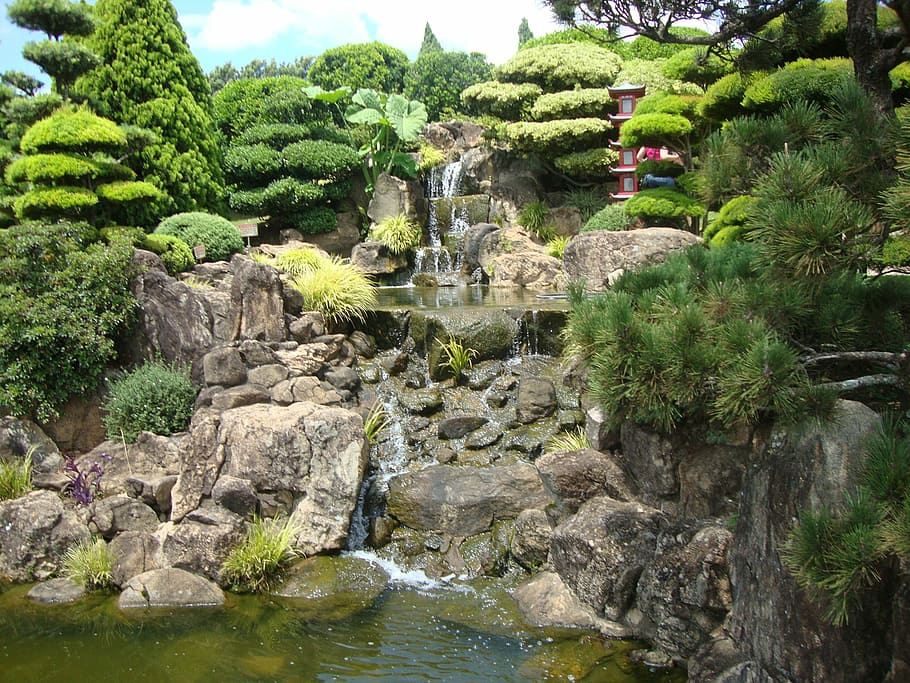 park, waterfall, lake, plant, tree, solid, rock, nature, rock - object HD wallpaper