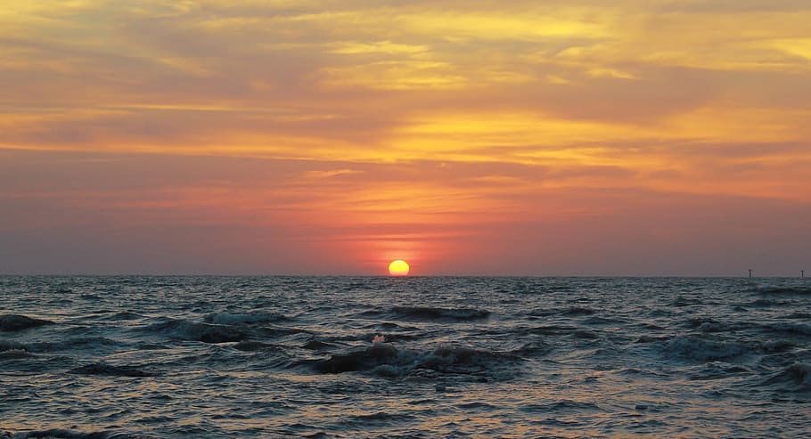 sunset, ocean, sky, scenic, horizon, orange, beautiful, dusk HD wallpaper